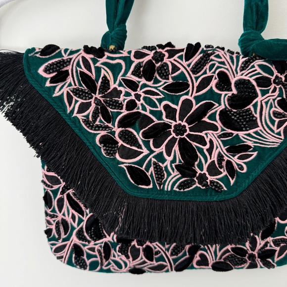 Anthropologie Green and Black Floral Bag - Picture 3 of 7